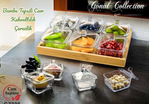 GÖNÜL BAMBU TEPSILI CAM KAHVALTILIK *4